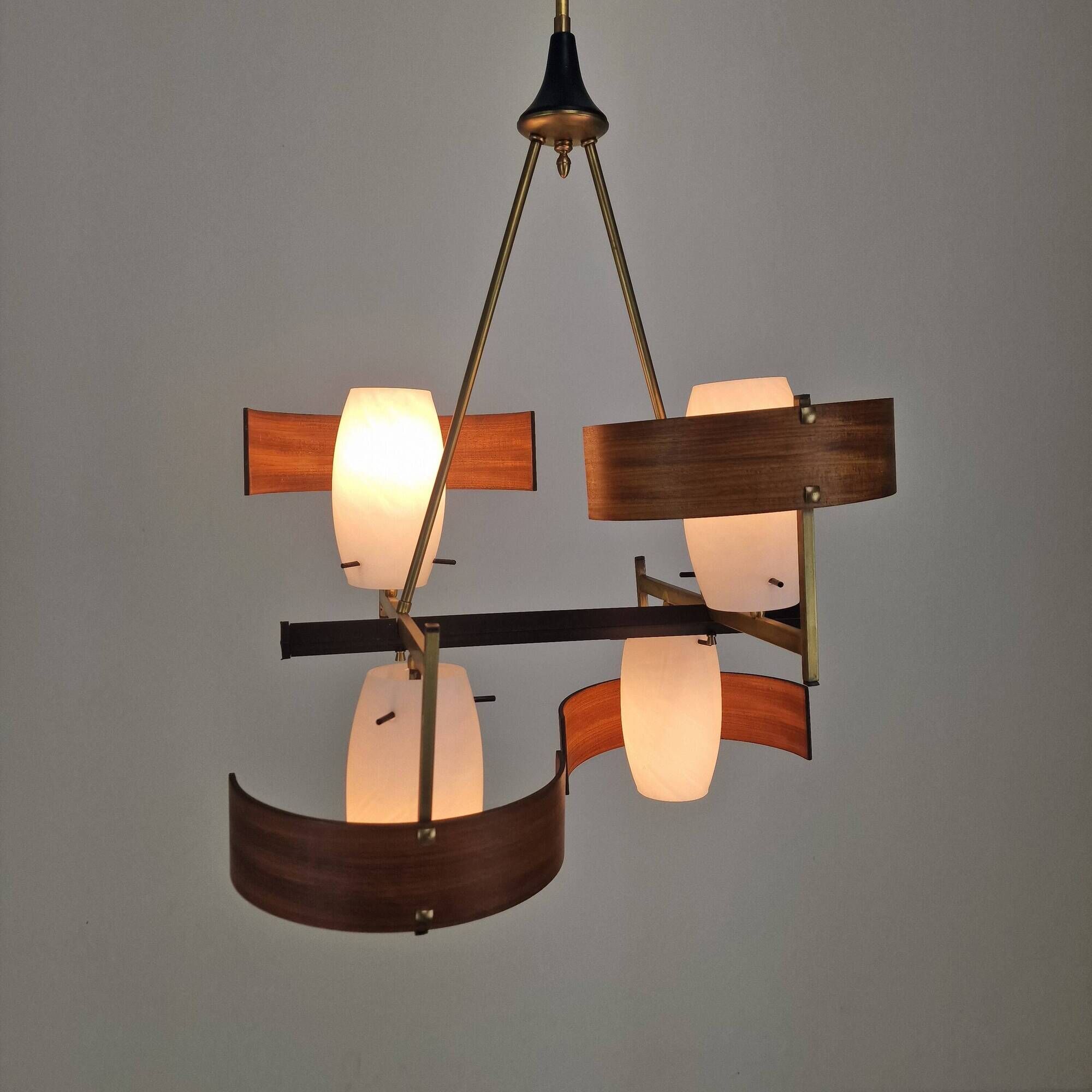 Italian Brass, Teak and Opaline Glass Chandelier by Stilnovo, 1960's
