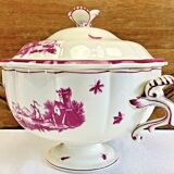 Antique large Gien vegetable soup tureen, pink landscape model, 1938/1960