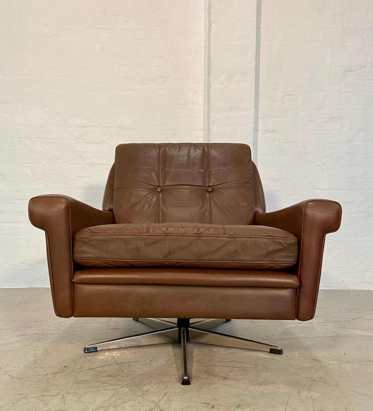 Vintage danish retro mid-century svend skipper brown leather chair & stool 60s