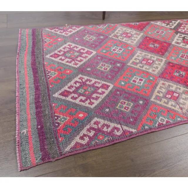 Vintage pink diamond Turkish hand-knotted runner rug 96x345