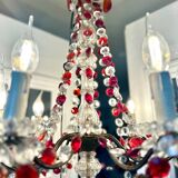 Antique chandelier with red crystal pendants, 9 lights.