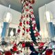Antique chandelier with red crystal pendants, 9 lights.