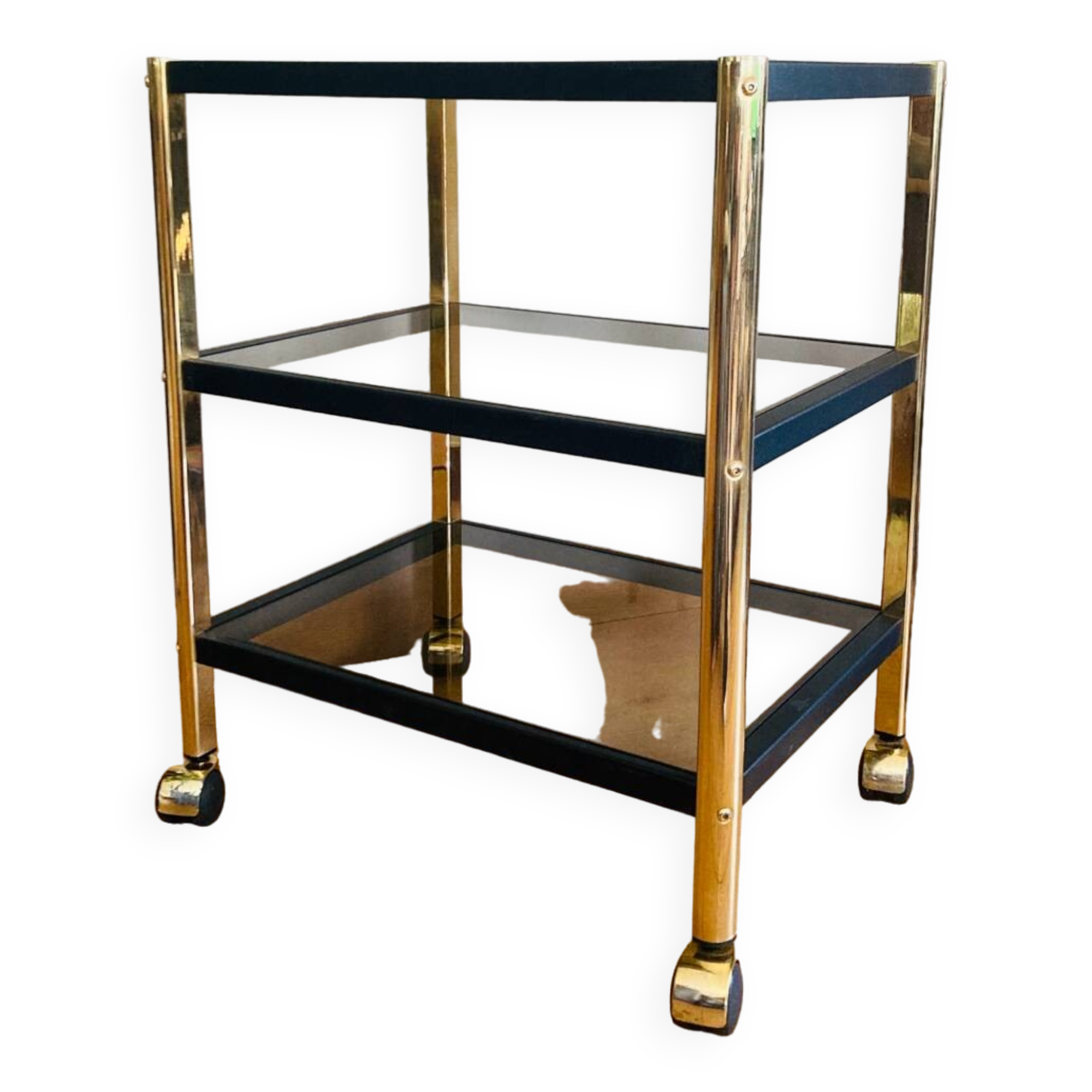 Side table in gold metal and smoked glasses 1970s