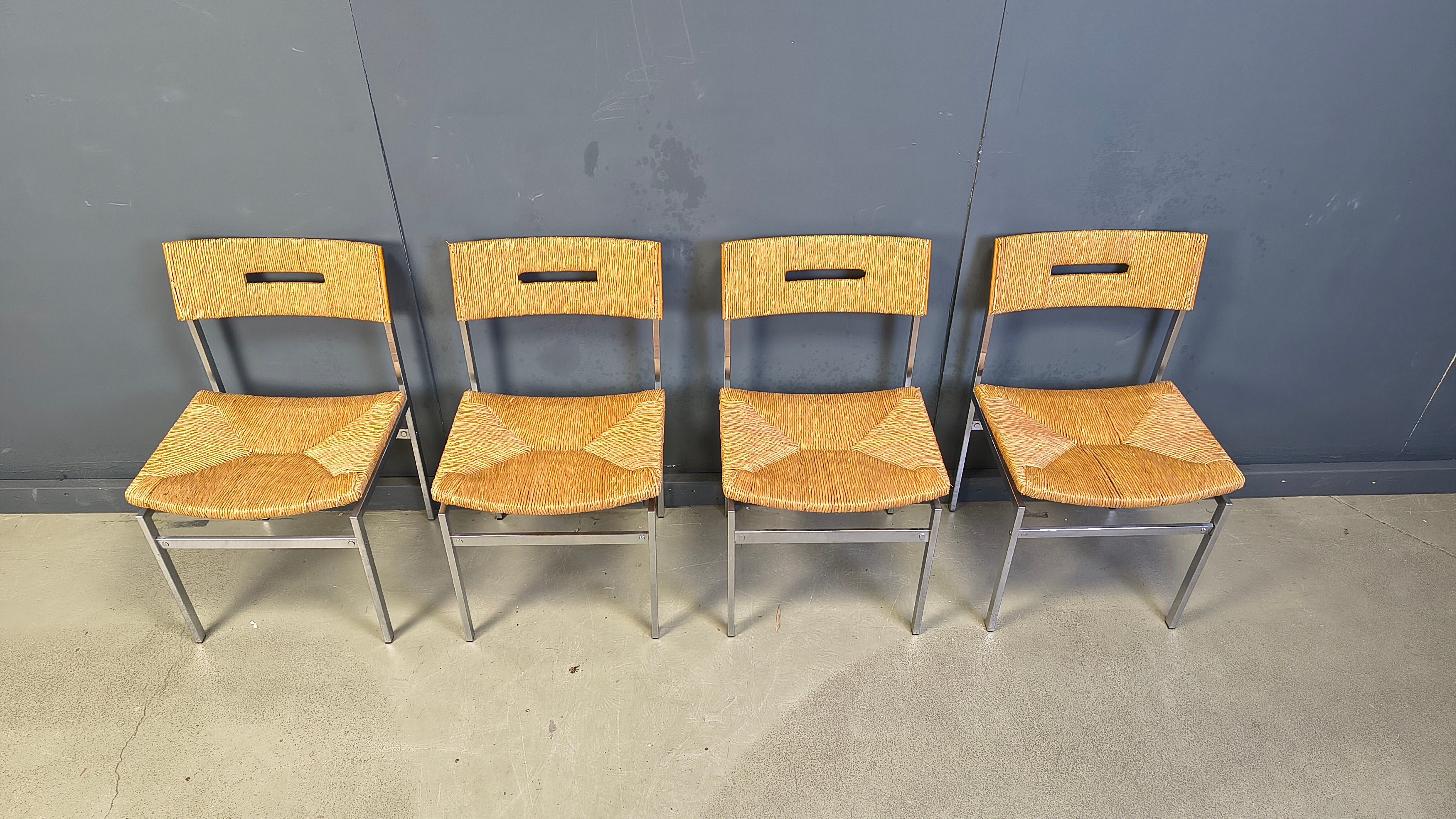 Belgian wicker and chrome dining chairs, 1970s - set of 4