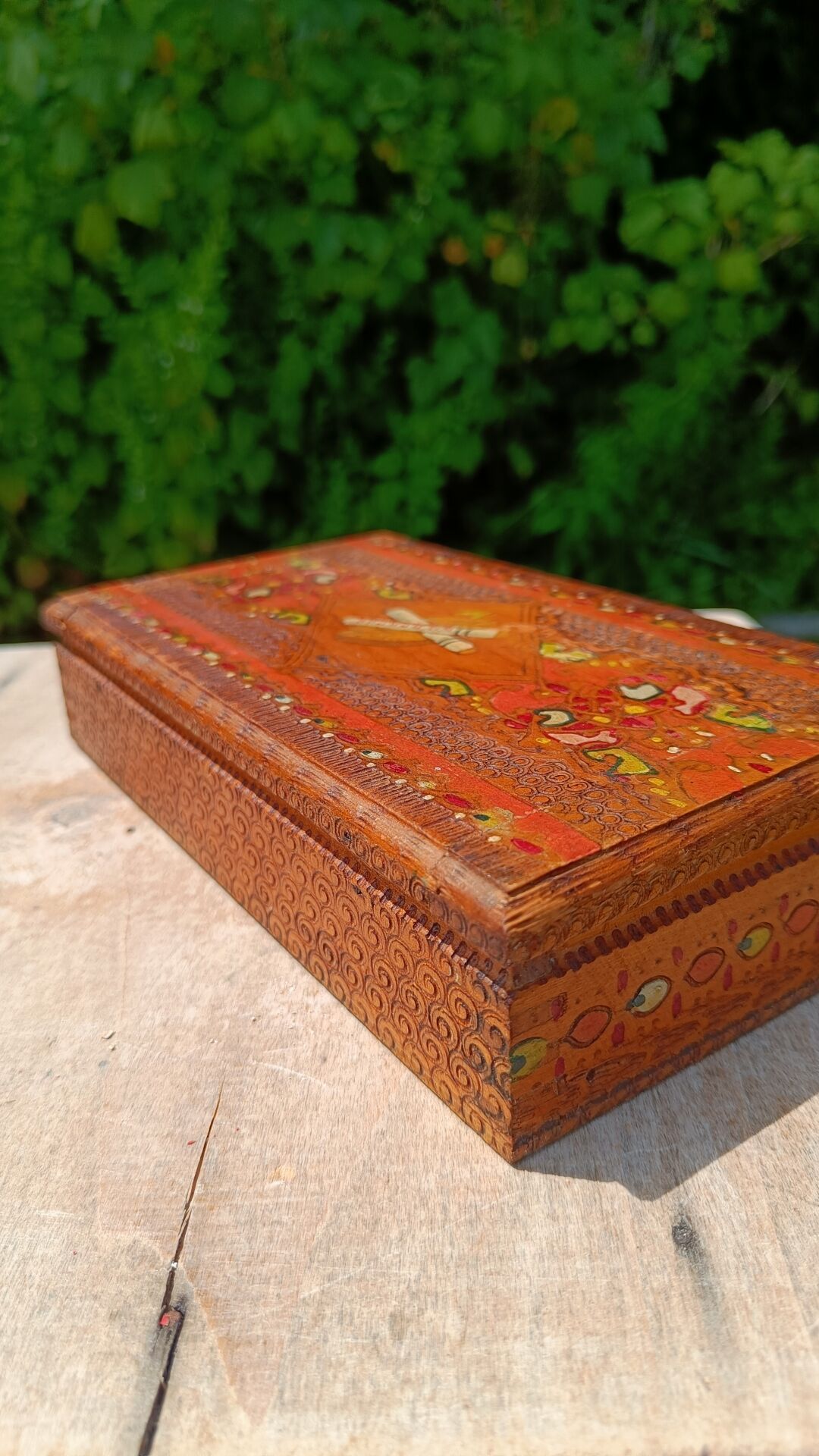 Bulgarian wooden cigarette box, pyrographed and hand-painted.