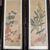 Paravent de table chinois en papier de soie peint, bois et verre