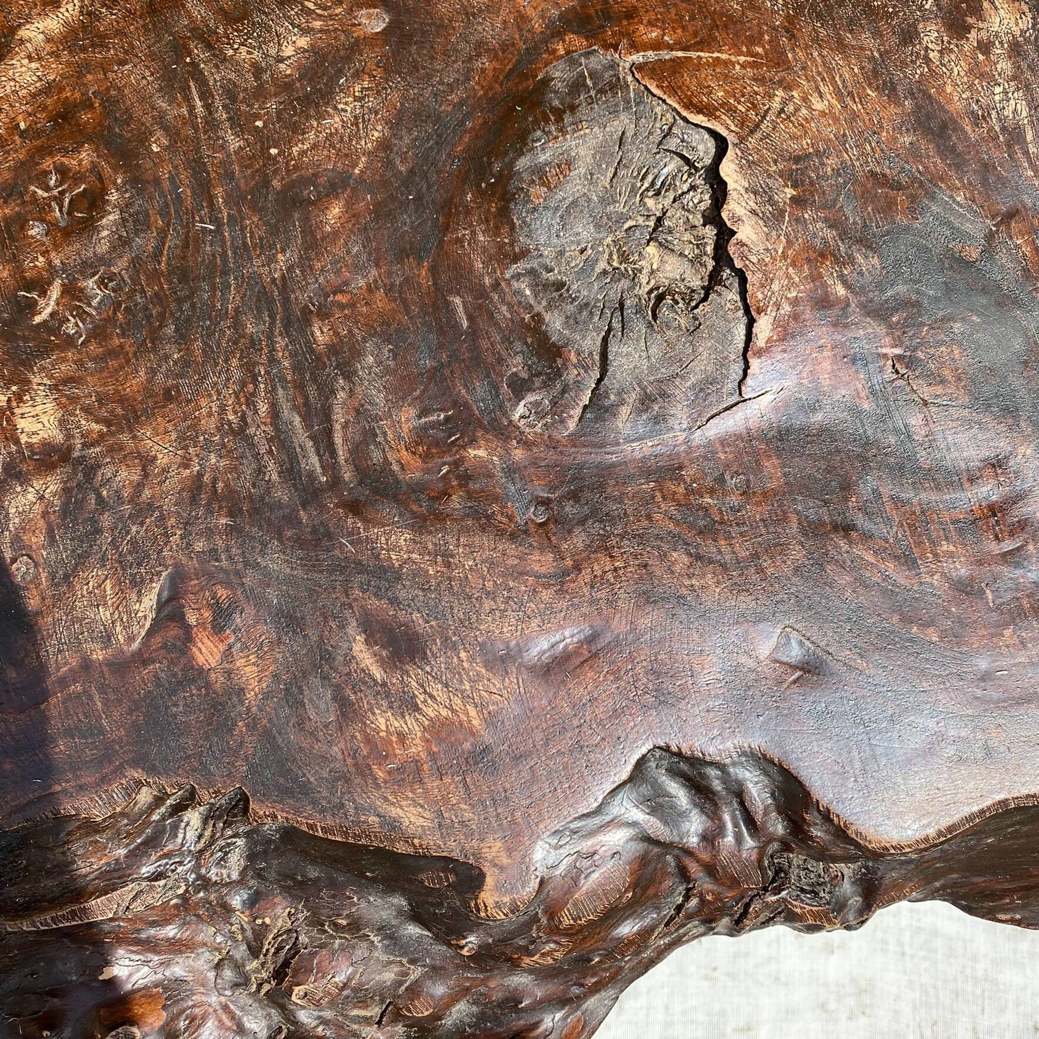 Brutalist coffee table in solid elm and wrought iron, ram's horn legs.