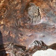 Brutalist coffee table in solid elm and wrought iron, ram's horn legs.