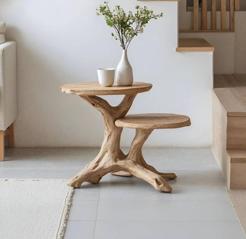 Rustic sculptural side table made of natural and organic driftwood.