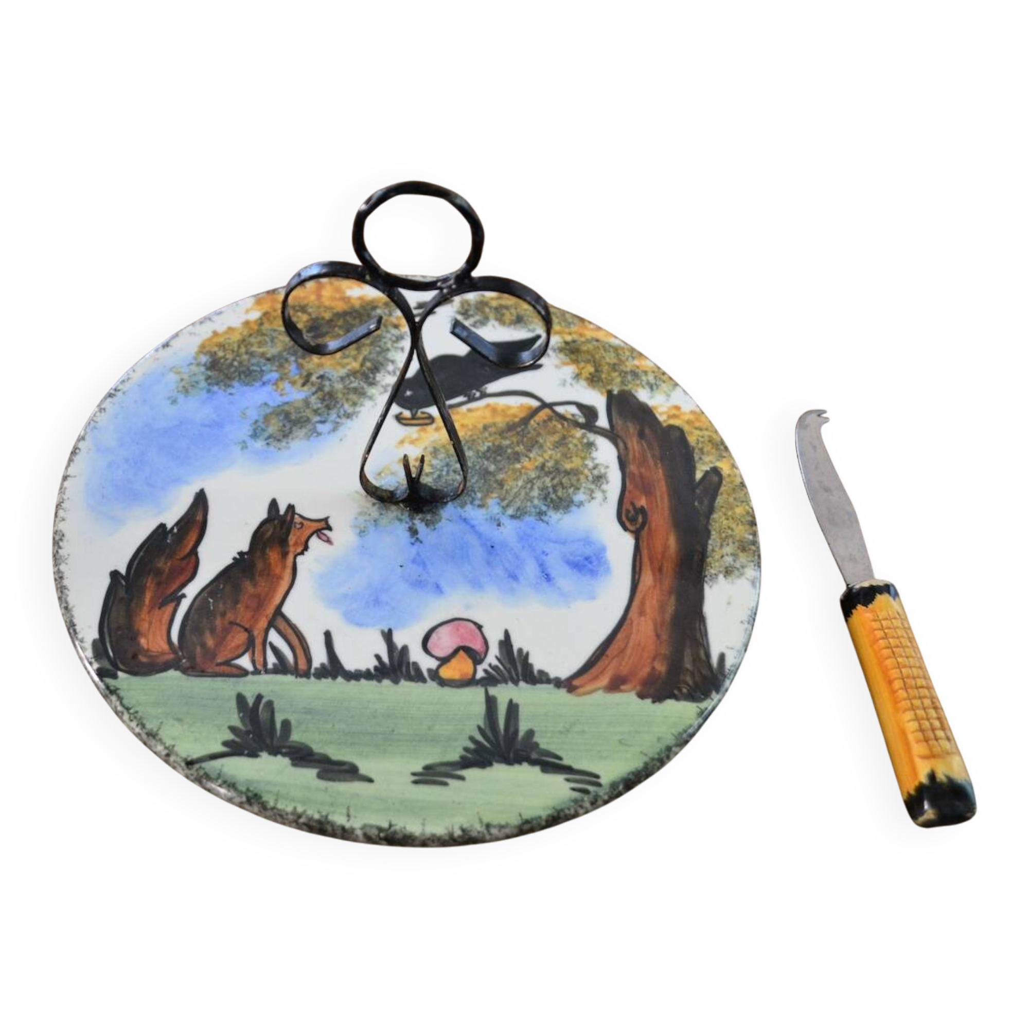 Vintage cheese board Fable de La Fontaine and his knife from the 60s
