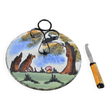 Vintage cheese board Fable de La Fontaine and his knife from the 60s
