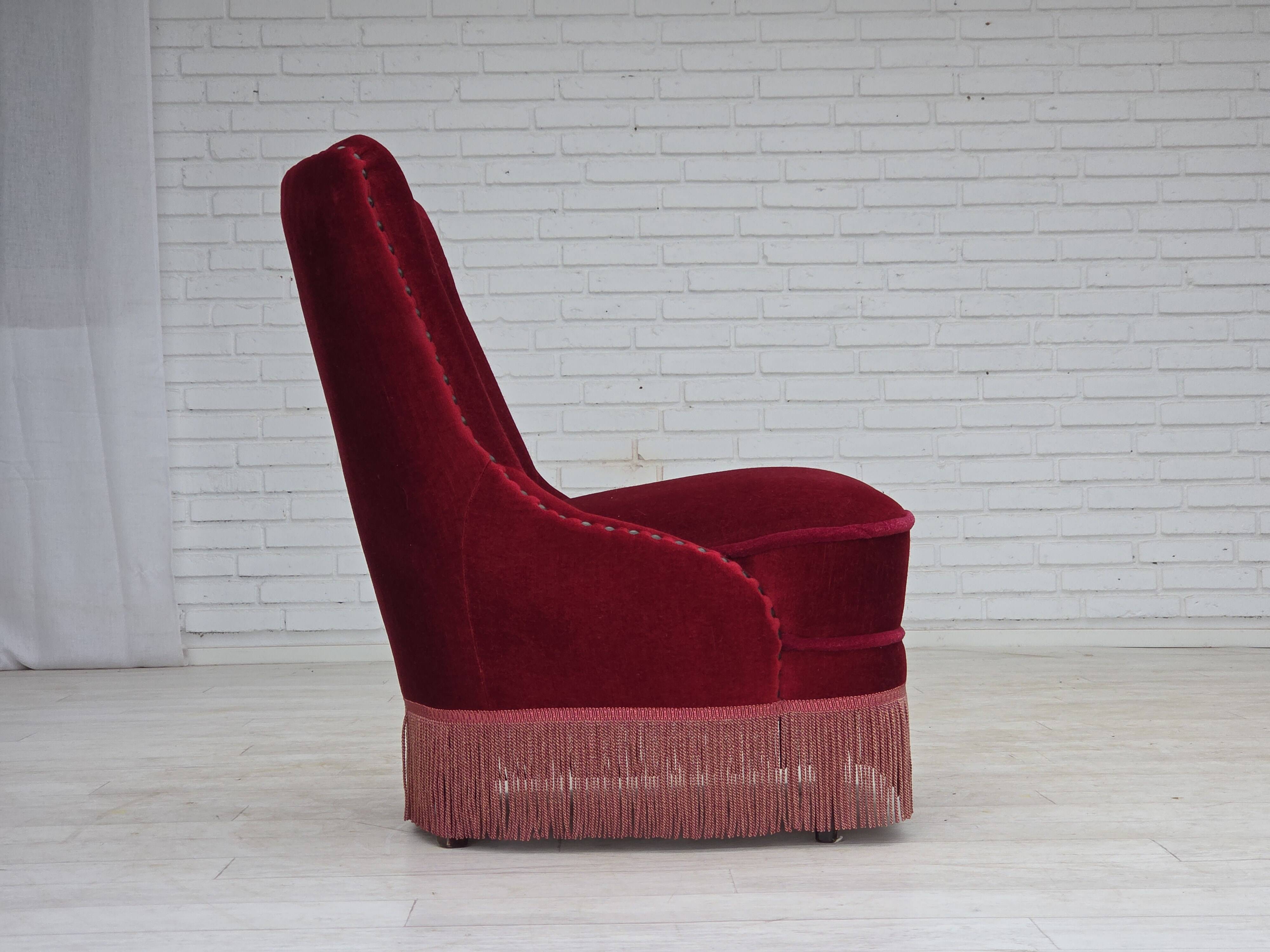 1960s, Danish armchair, original red furniture velour, beech wood legs.