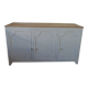 Vintage low sideboard with 3 doors, pearl gray patina, wooden top.