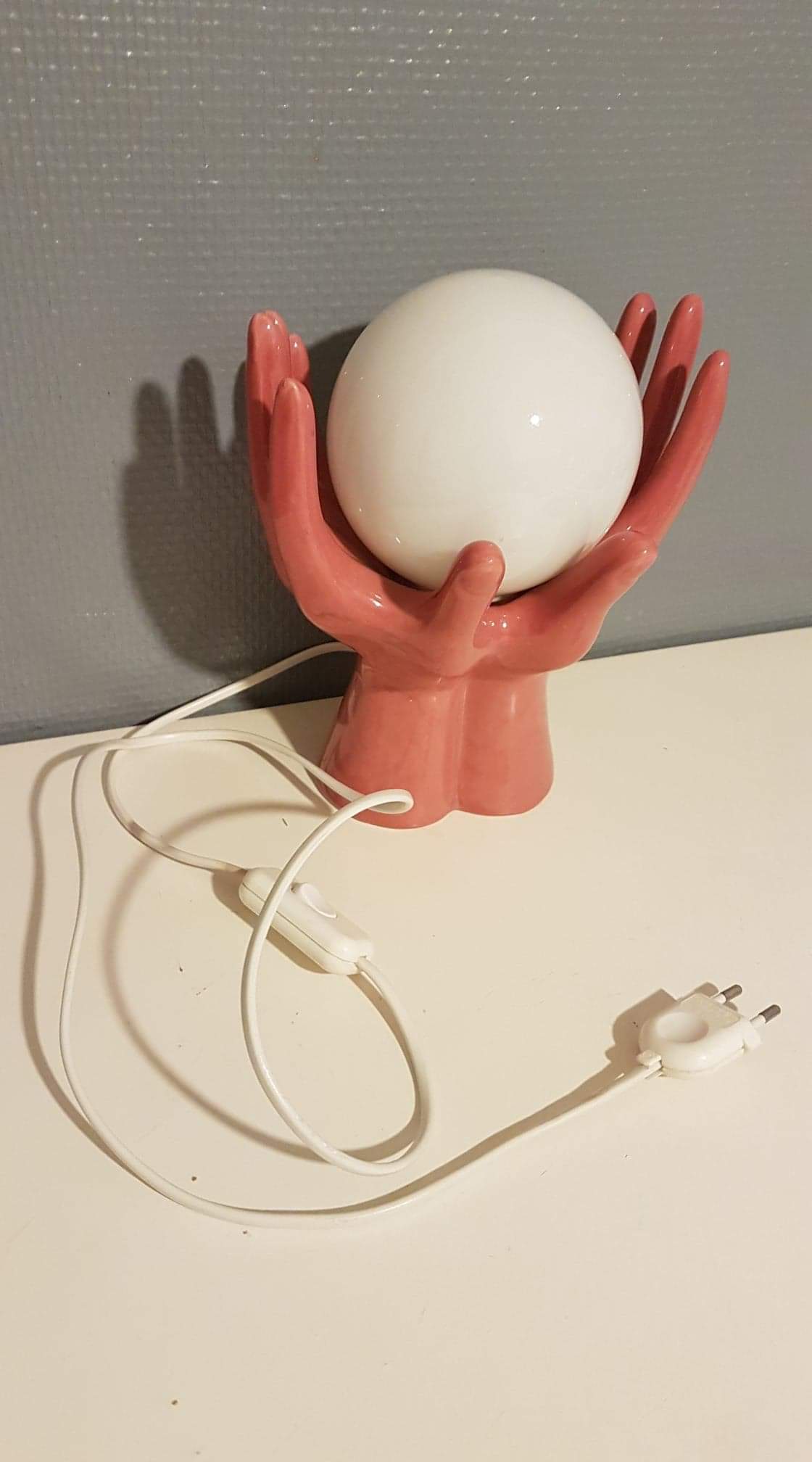 old pink ceramic hand lamp with vintage white opaline globe