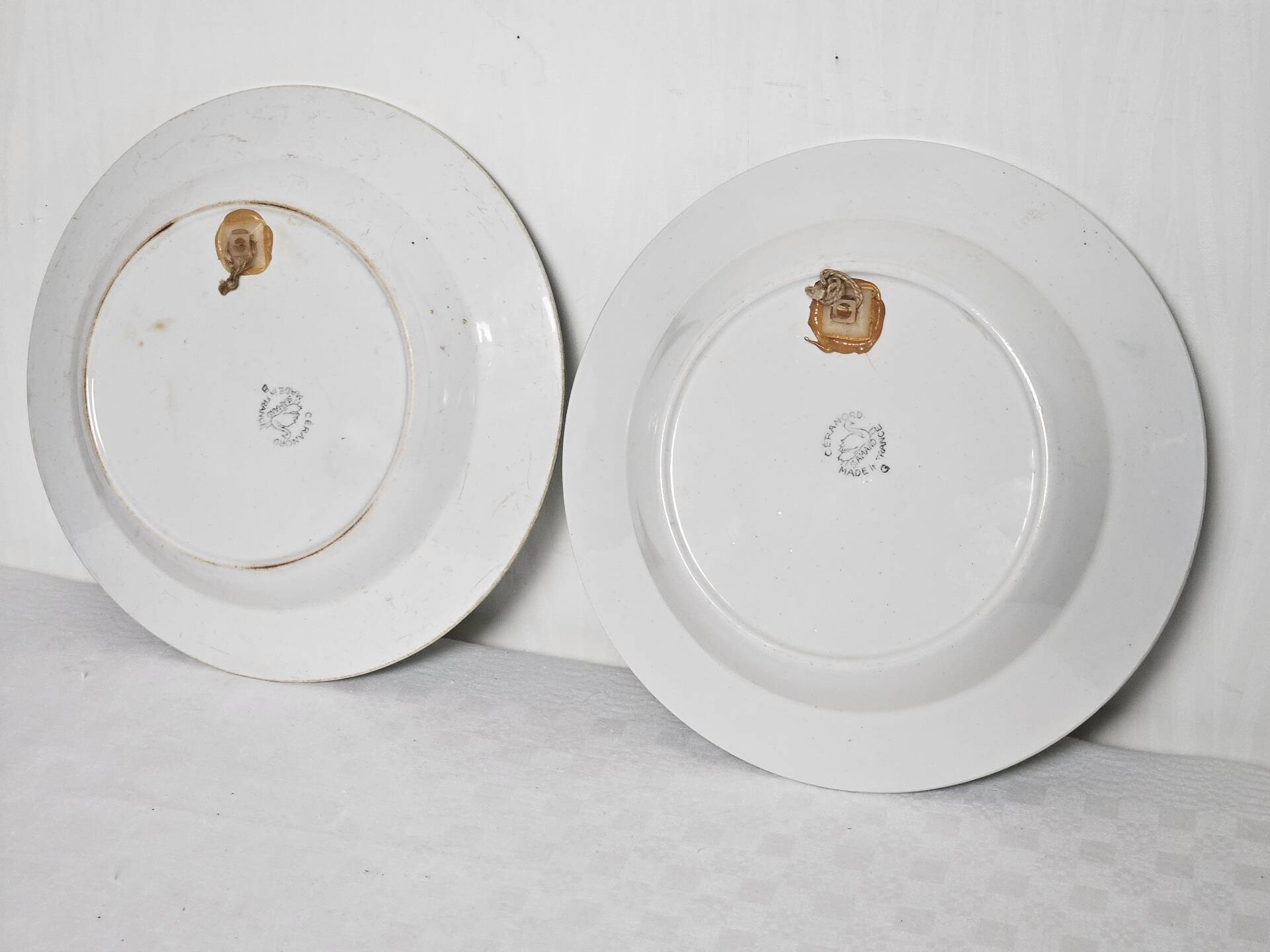 Pair of decorative deep plates with rooster design, St Amand vintage
