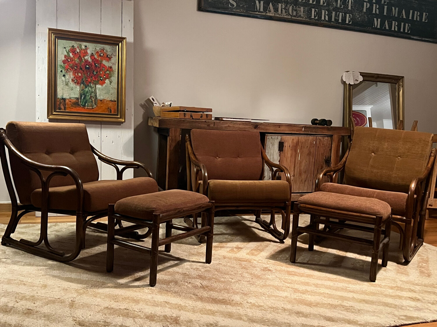 Vintage 70s velvet rattan set.