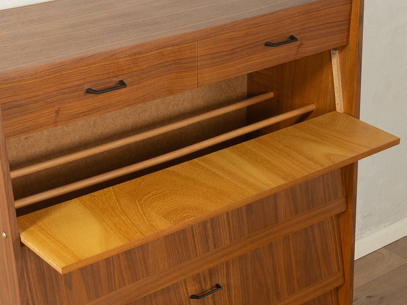 Classic shoe cabinet from the 1960s, walnut veneer, four drop-down doors, two drawers