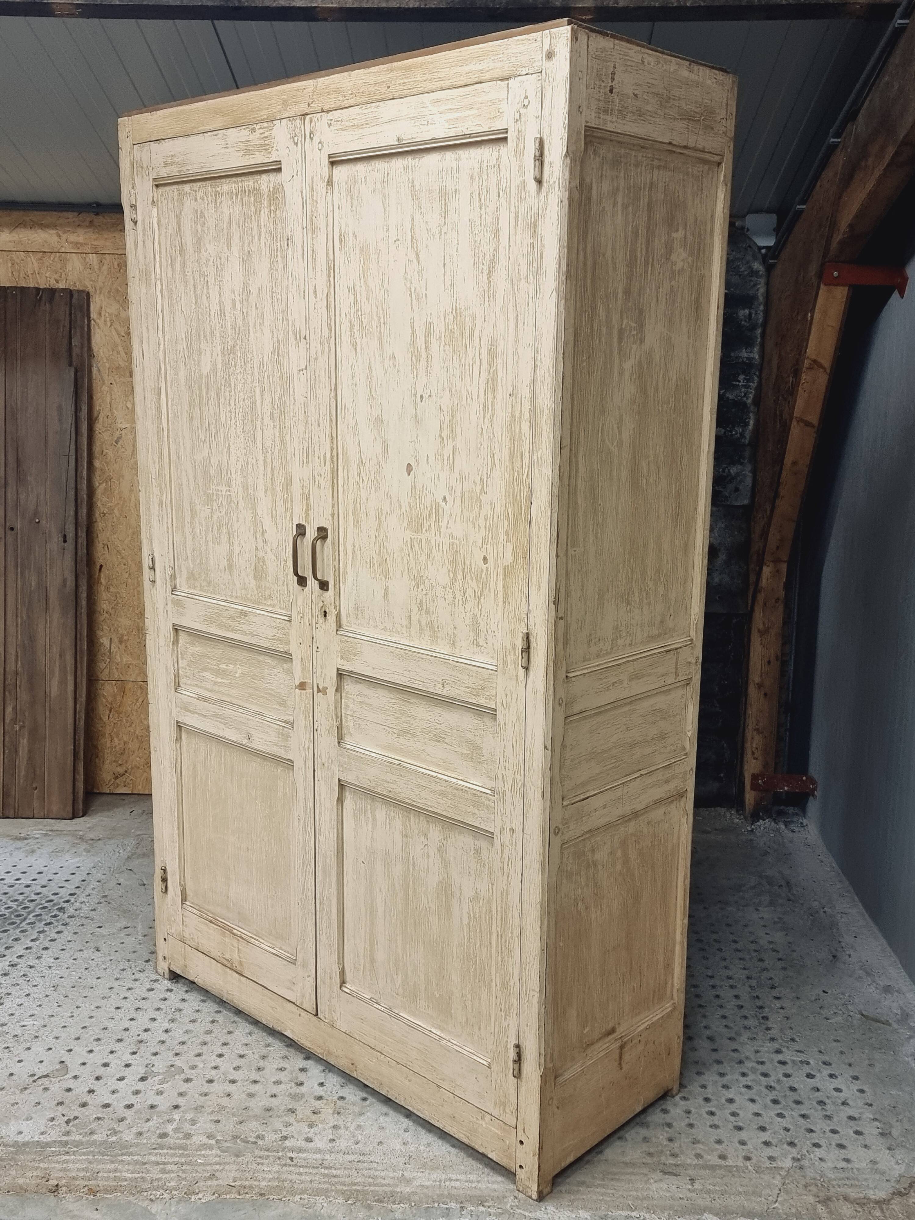 Antique wardrobe, kitchen cabinet, pinewood, creamy white