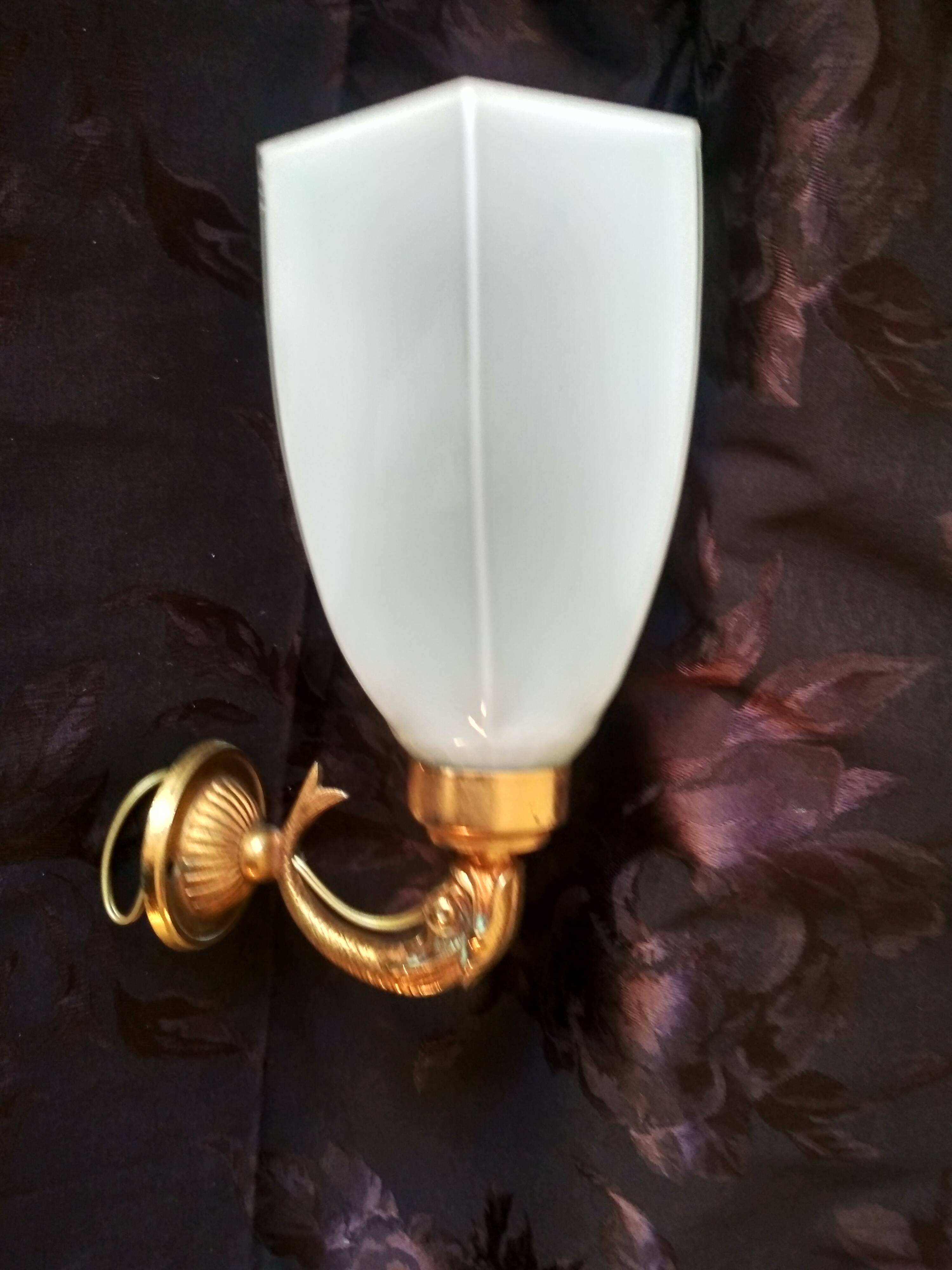 Golden brass wall light with glass tulip - dolphin pattern bathroom lamp