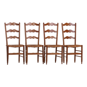 4 chaises paillées style rustique campagne de fabrication artisanale vers 1970