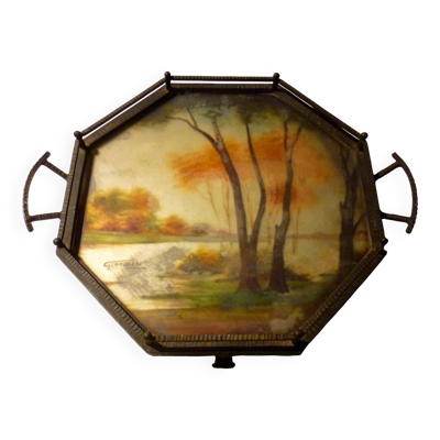 Plateau ou centre de table art déco en fer martelé signé Germonde
