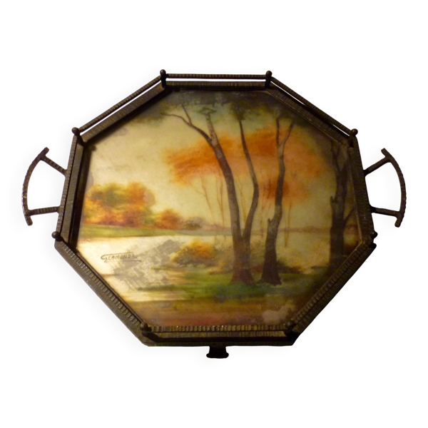 Plateau ou centre de table art déco en fer martelé signé Germonde