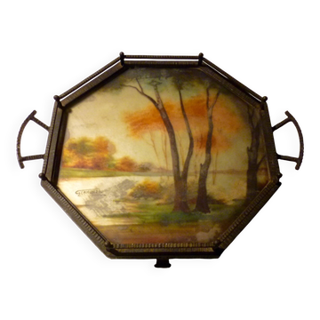 Plateau ou centre de table art déco en fer martelé signé Germonde