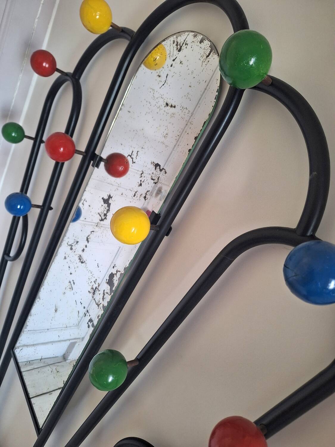 Vintage wooden and metal cloakroom, antique coat rack for entrance hall