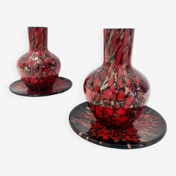 2 vases en verre de Murano noir et rouge par Vincenzo Nason