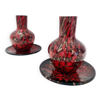 2 vases en verre de Murano noir et rouge par Vincenzo Nason