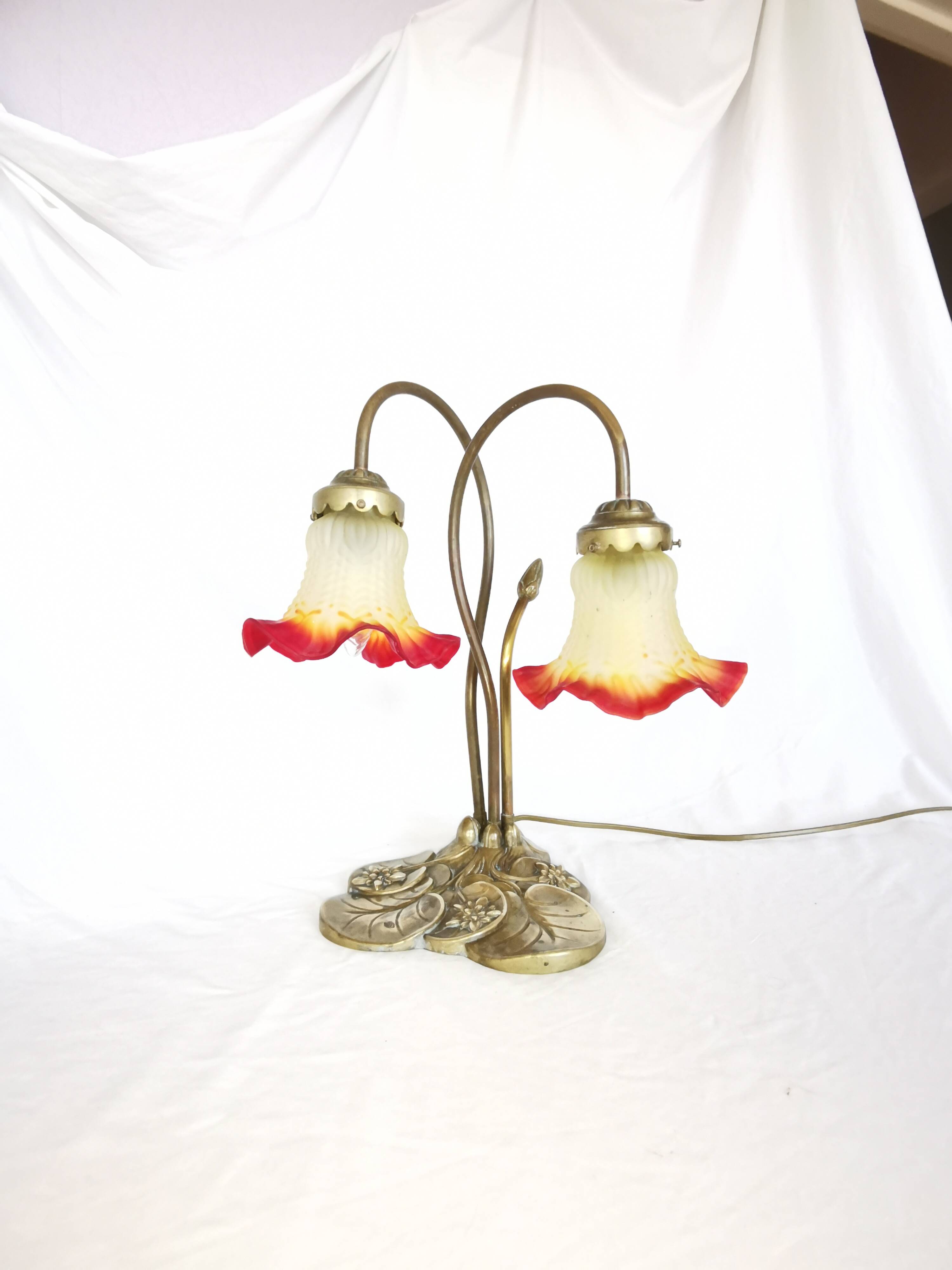 Brass water lily lamp and glass paste tulip, double, art nouveau style.