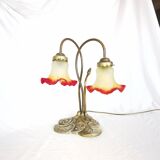 Brass water lily lamp and glass paste tulip, double, art nouveau style.