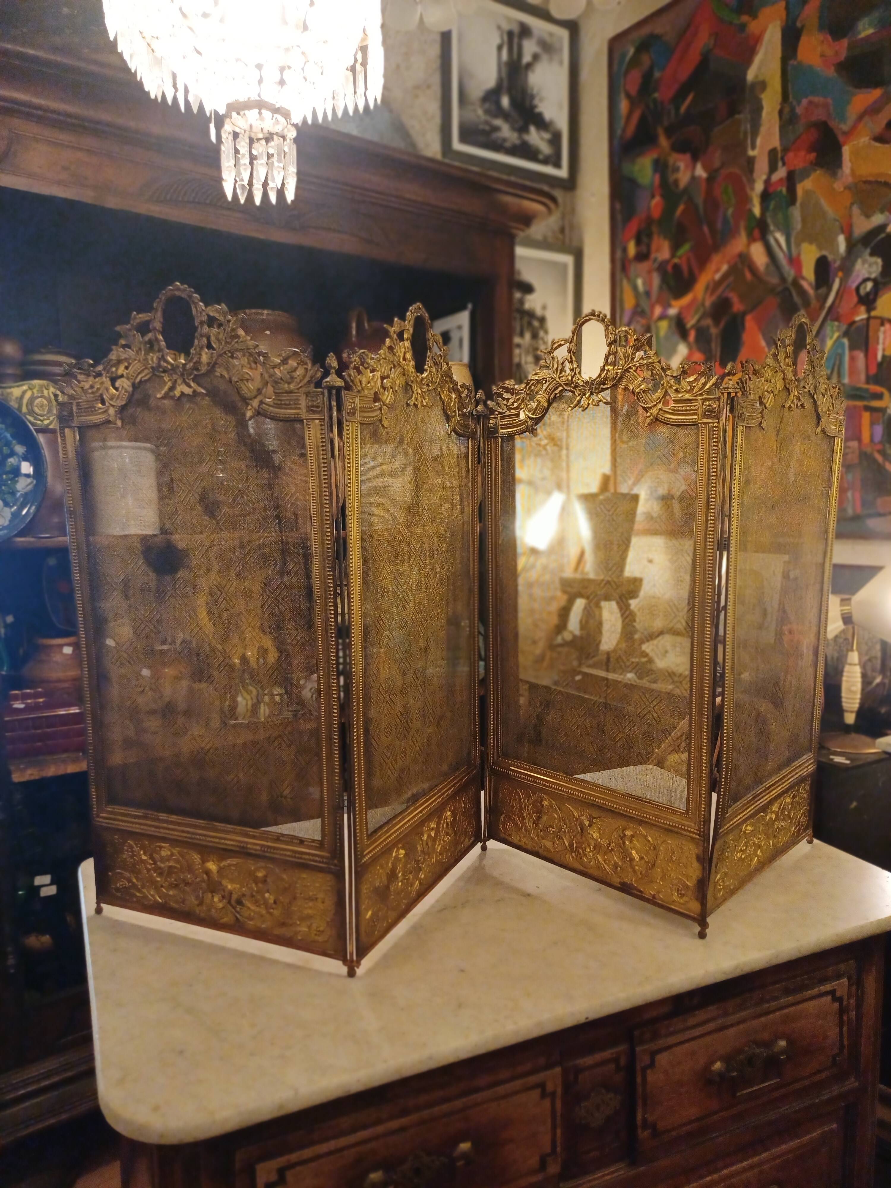 Very Beautiful Fireplace Screen 154 cm/77 cm in Bronze and Brass - Period 1880