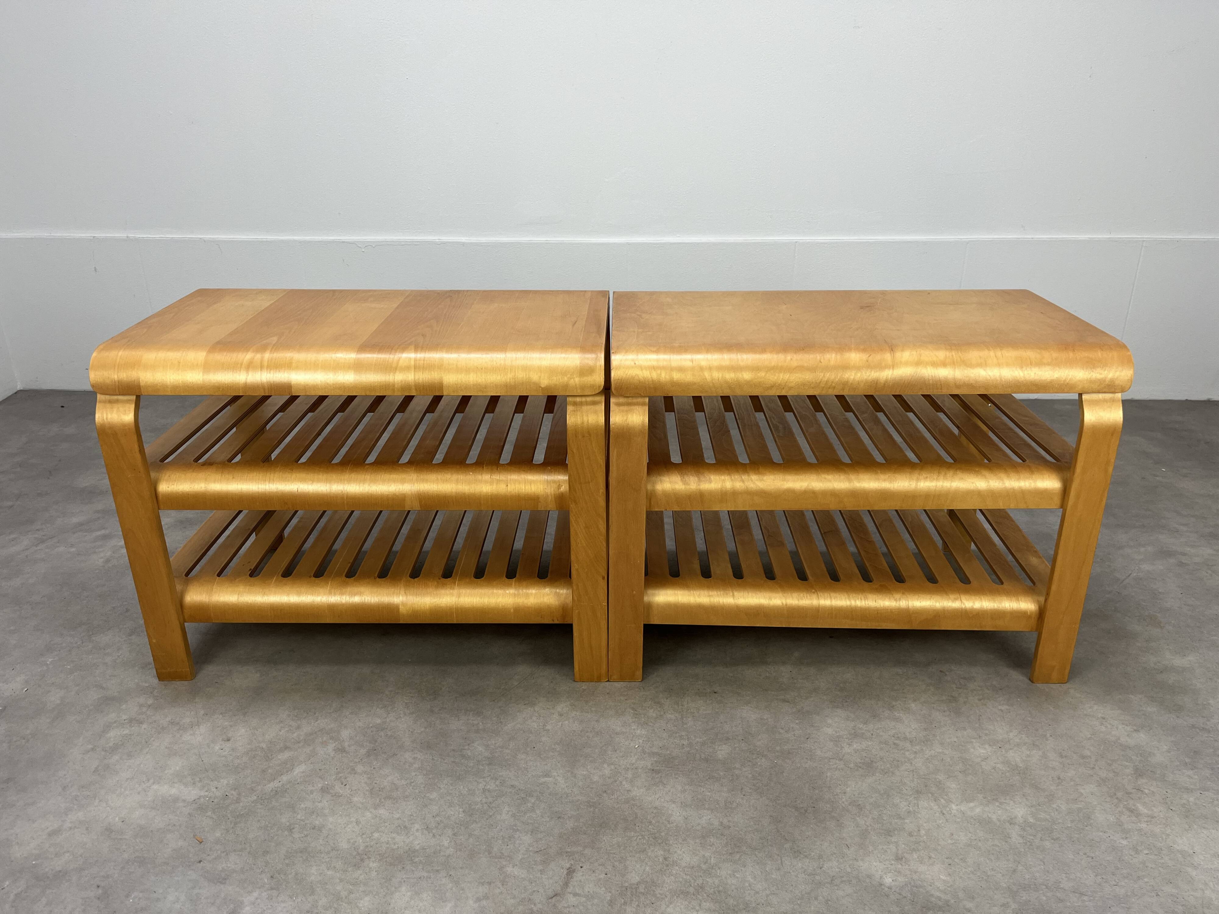 Pair of curved wooden entrance benches 1980