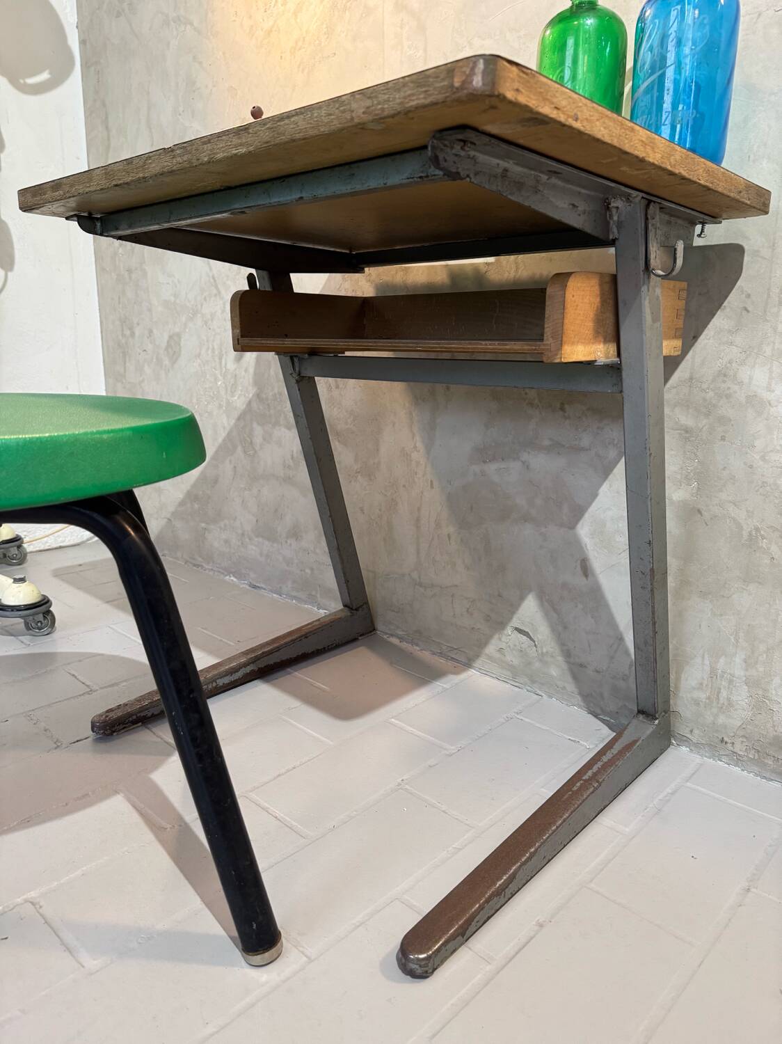 Small vintage wood and iron school desk from 1960-1970