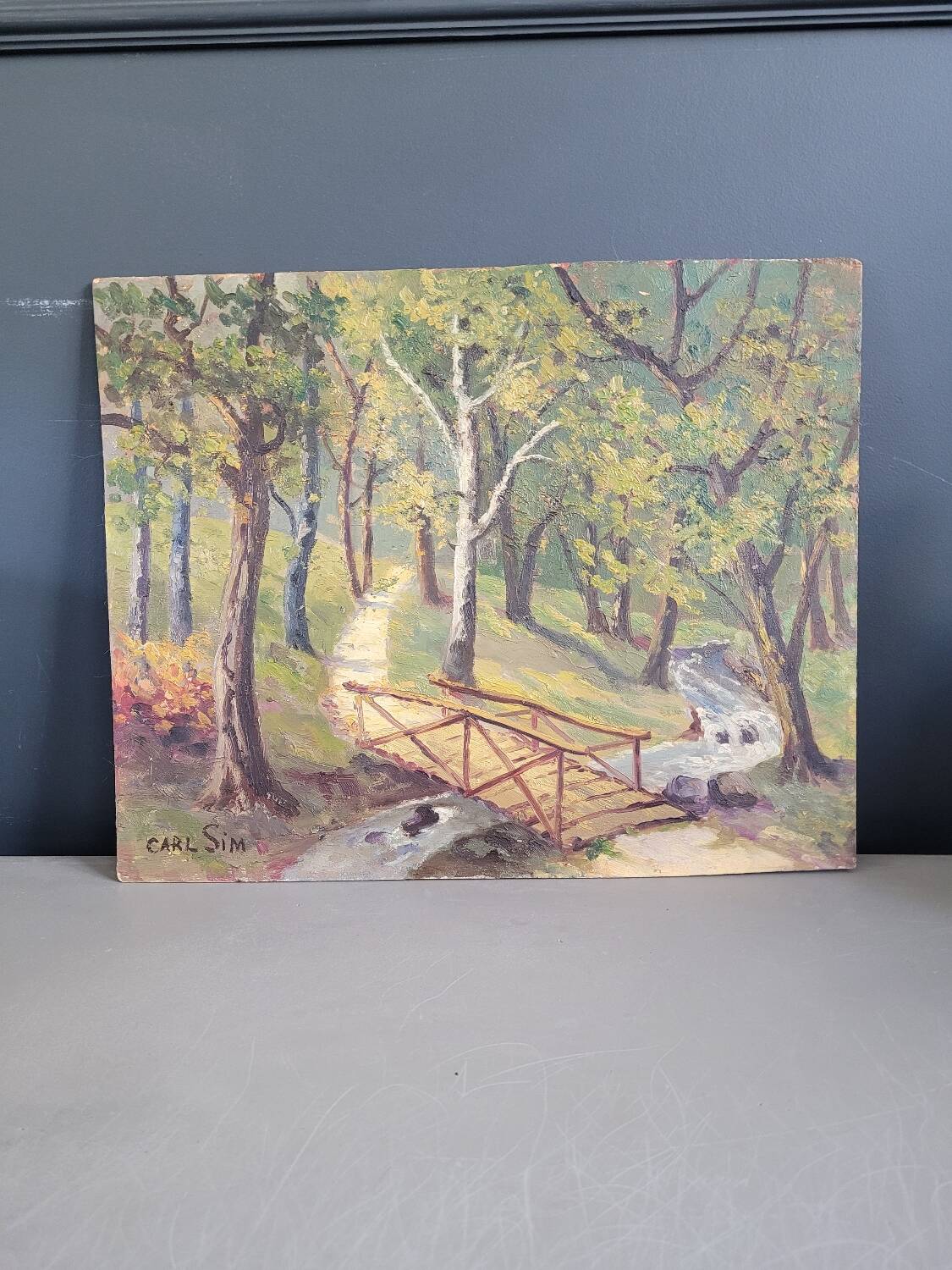 Oil on wood landscape signed Carl SIM