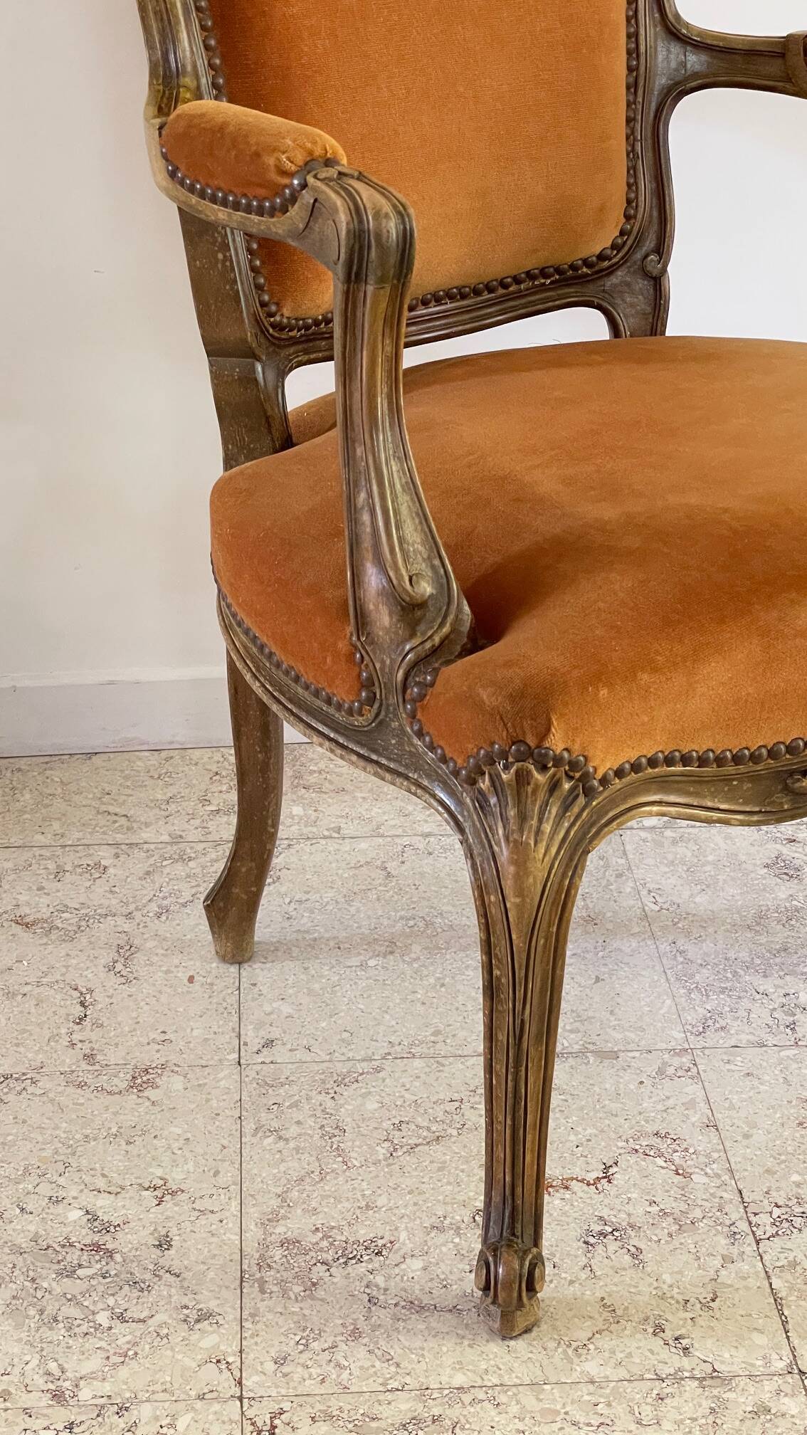 Vintage French Curry Velvet Cabriolet Armchair