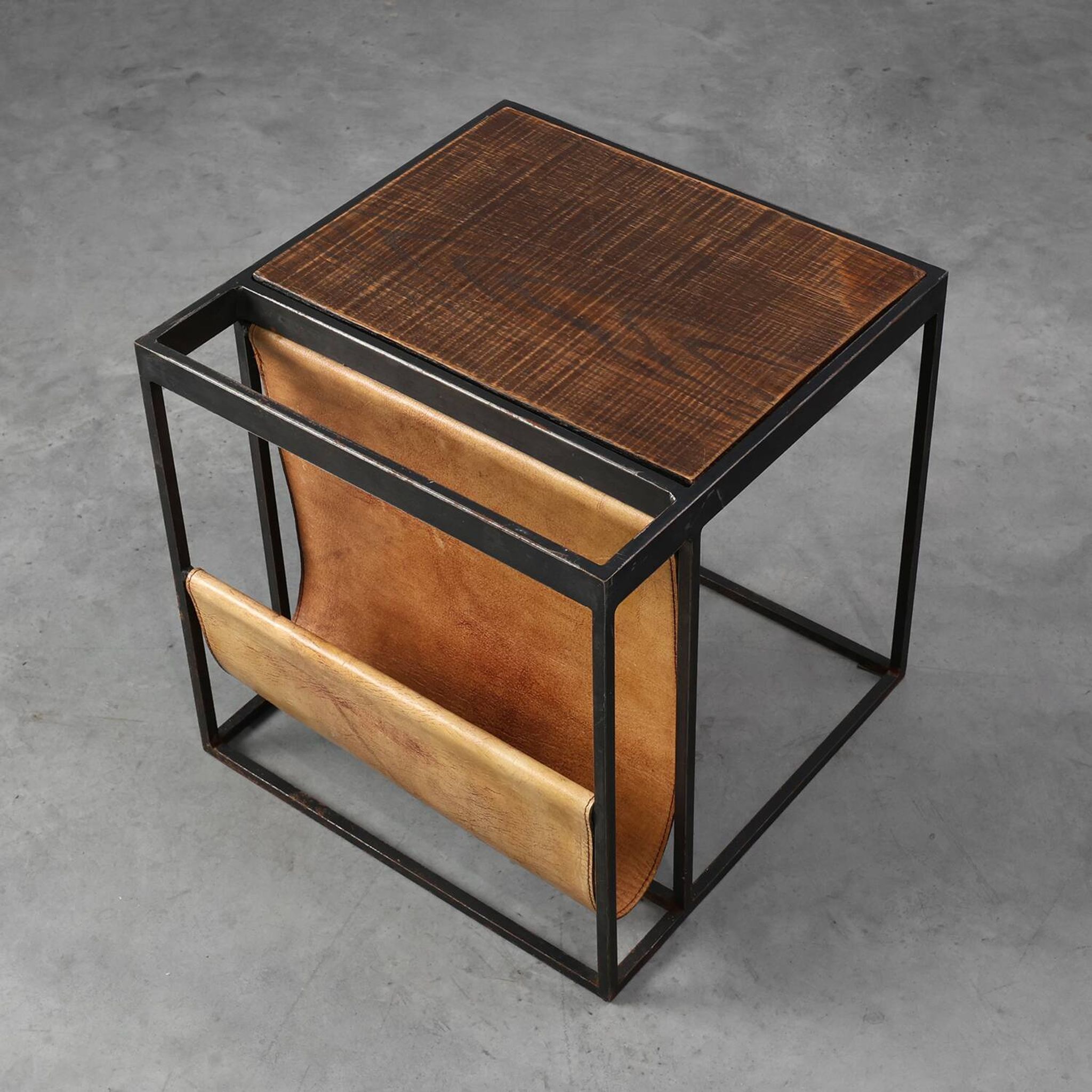 Mid-Century Magazine Holder in Metal, Wood and Leather, Belgium 1960s