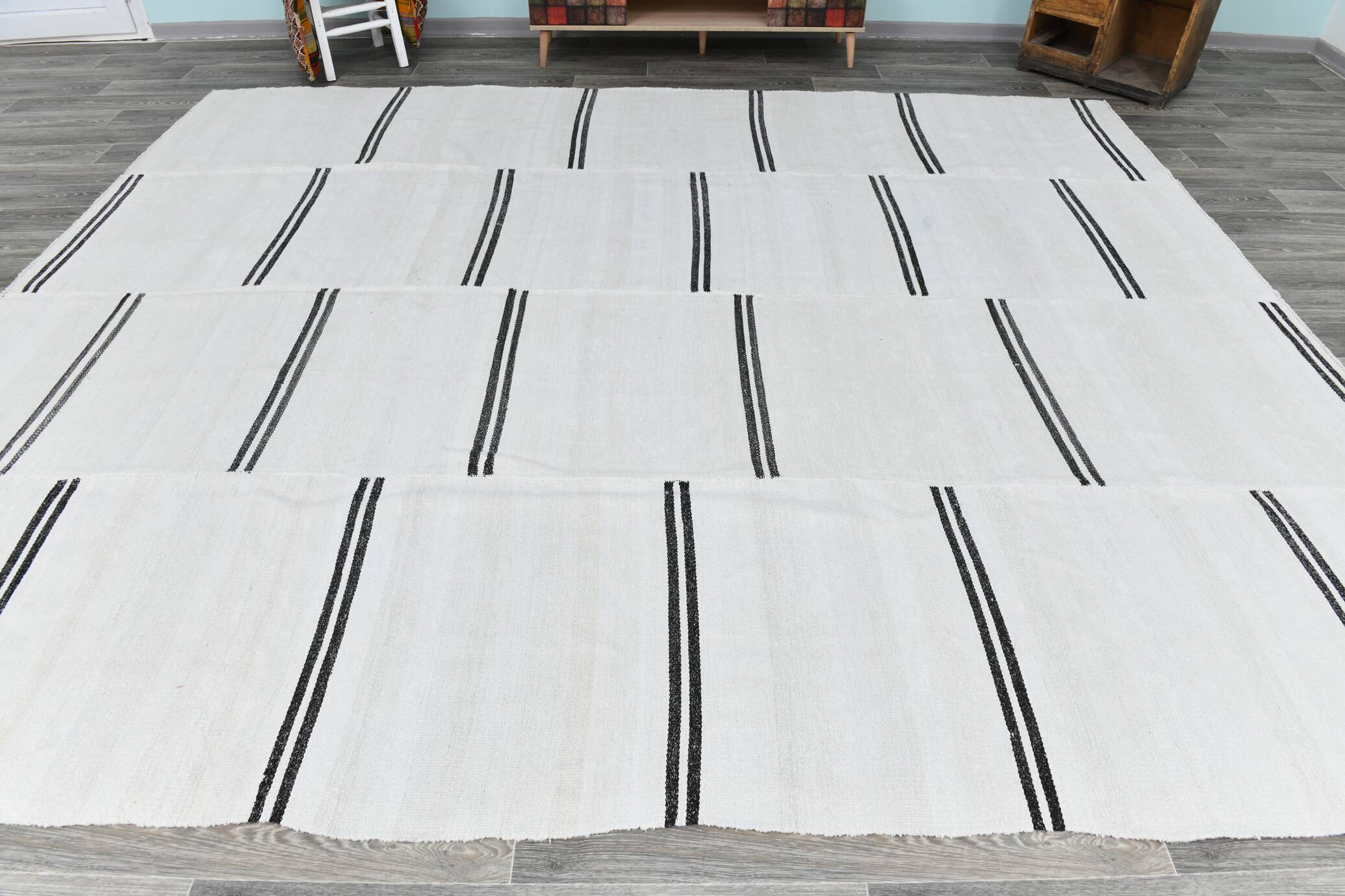 %100 Wool Beige & Black Striped Vintage Kilim Rug, 309x366 Cm