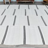 %100 Wool Beige & Black Striped Vintage Kilim Rug, 309x366 Cm