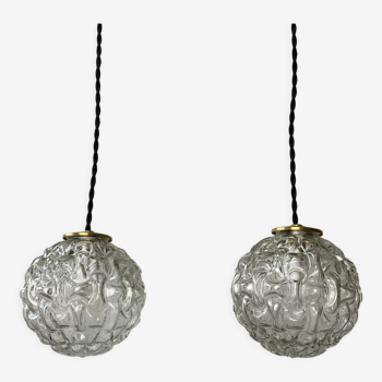 Pair of vintage molded glass round pendant lamps