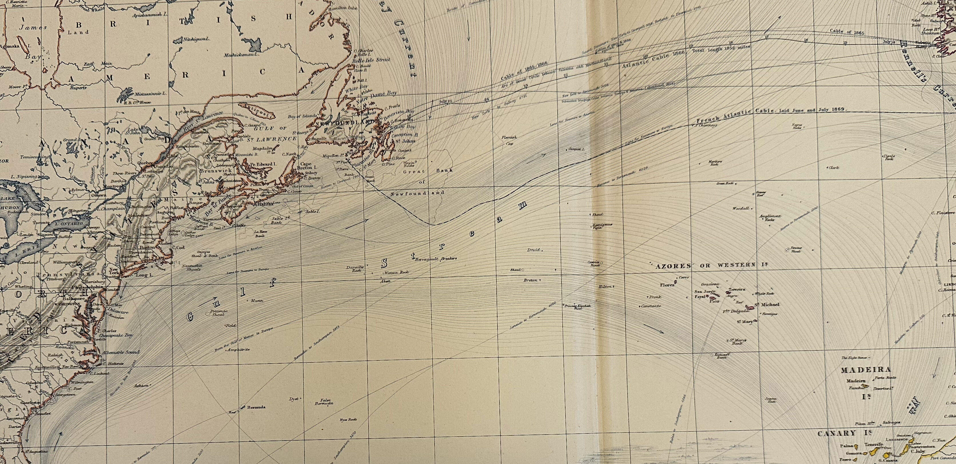 Map of The Northern Atlantic Ocean c1869 Keith Johnston Royal Atlas Hand coloured map