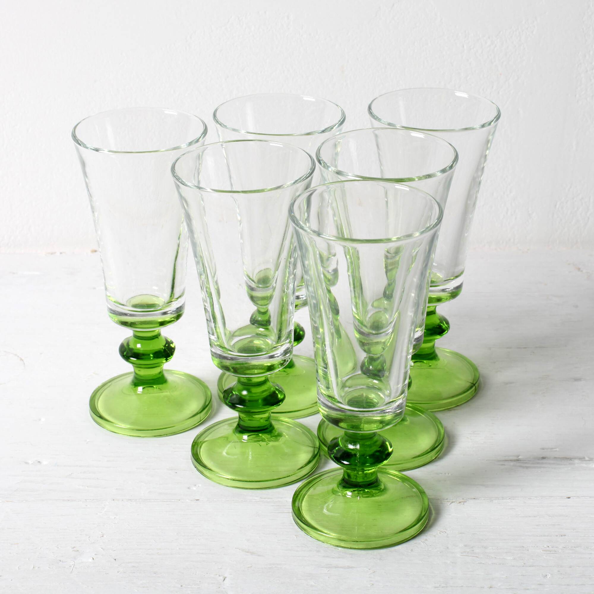 Set of 6 Vintage Green-Footed Glasses / Mid-century Rare Liquor Flutes