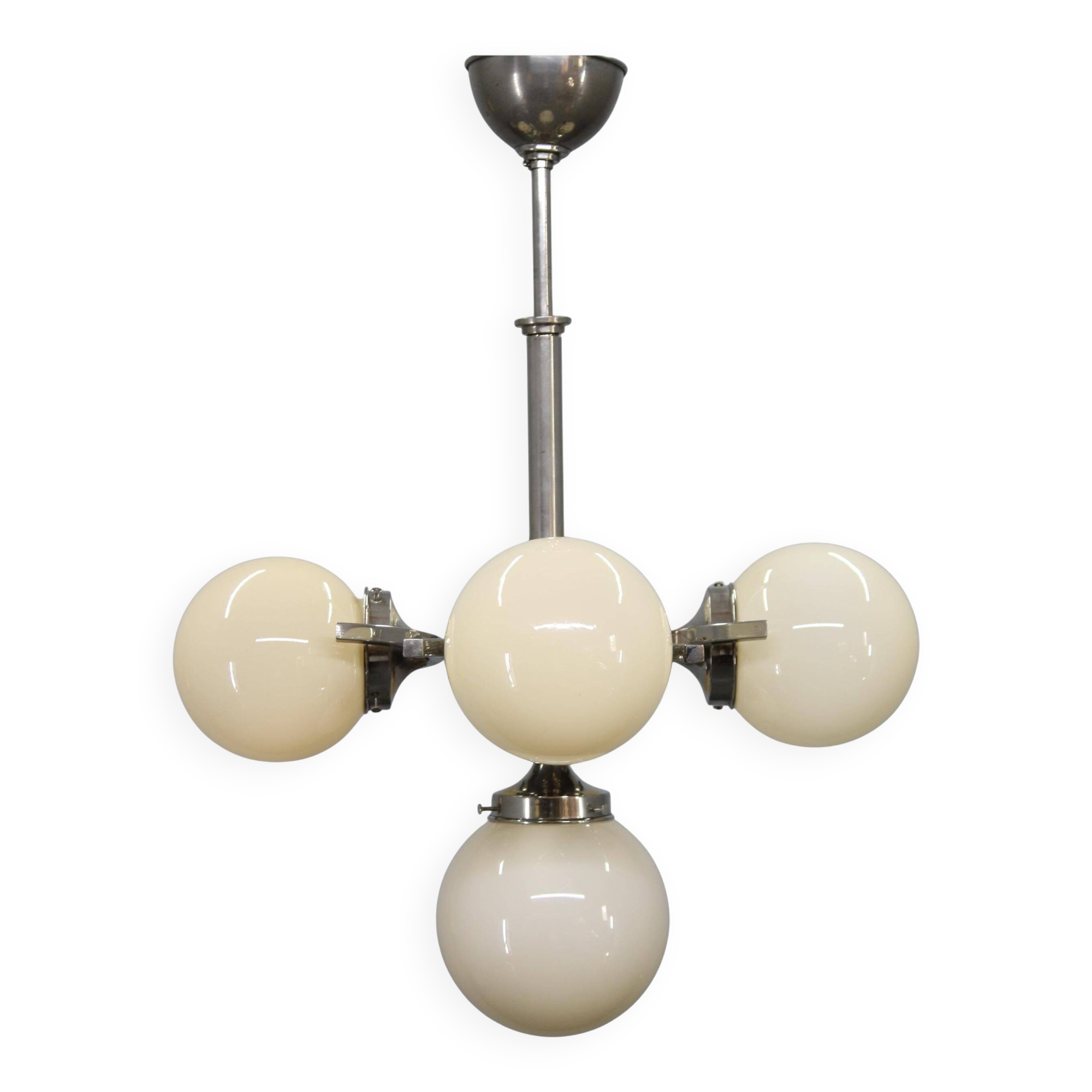 Czechoslovak Art Deco nickel chandelier with five opaline glass globes