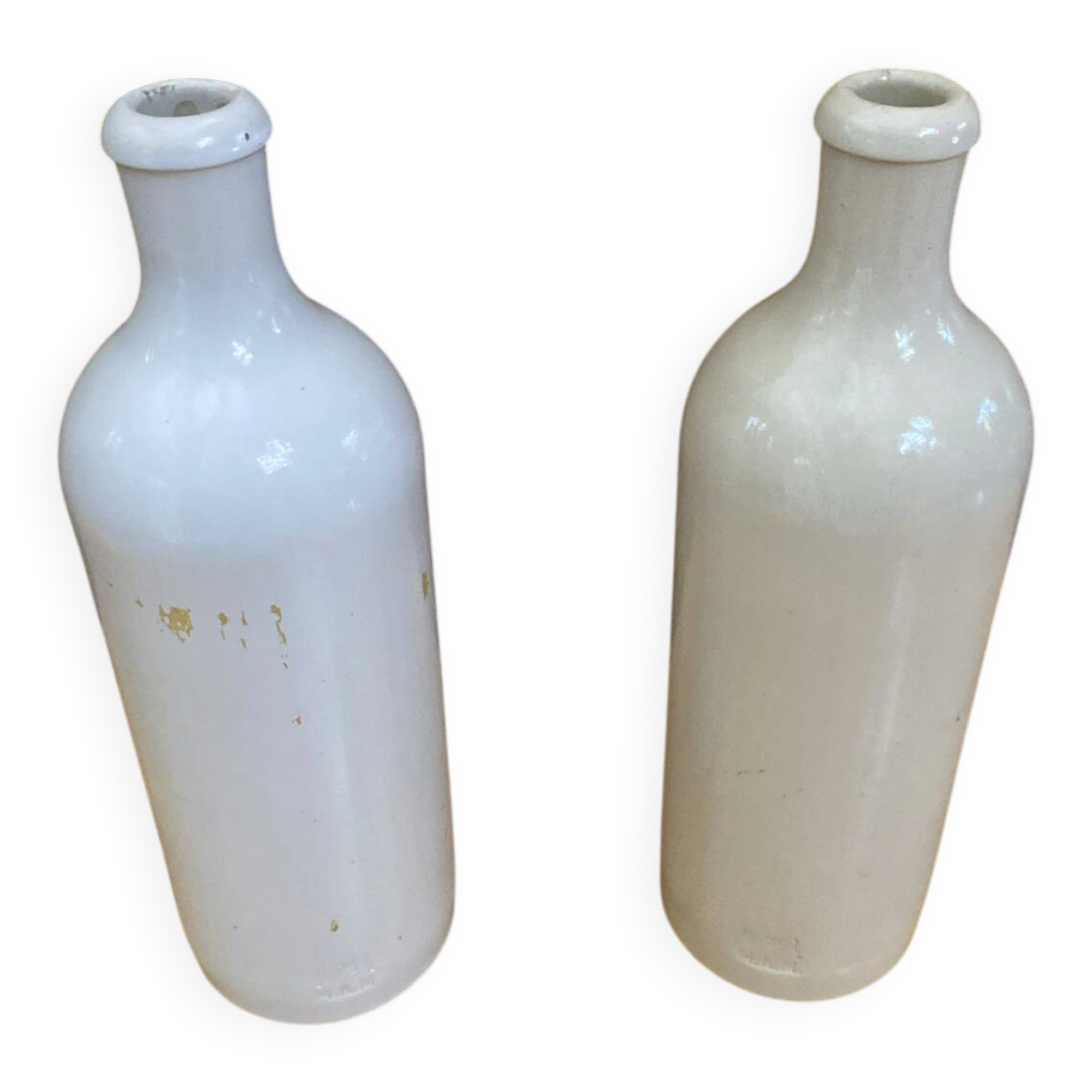 Paire ancienne bouteille mkm grès émaillé beige + blanc cuisine vintag