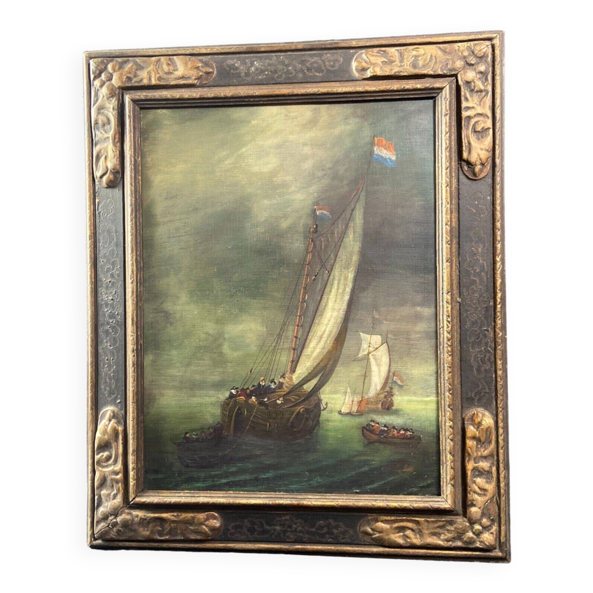Tableau huile sur panneau Ecole hollandaise Marine monogrammée