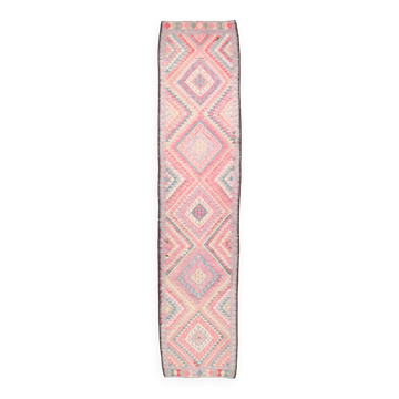 3x13 Soft Pink Turkish Vintage Runner Rug, 94x404Cm