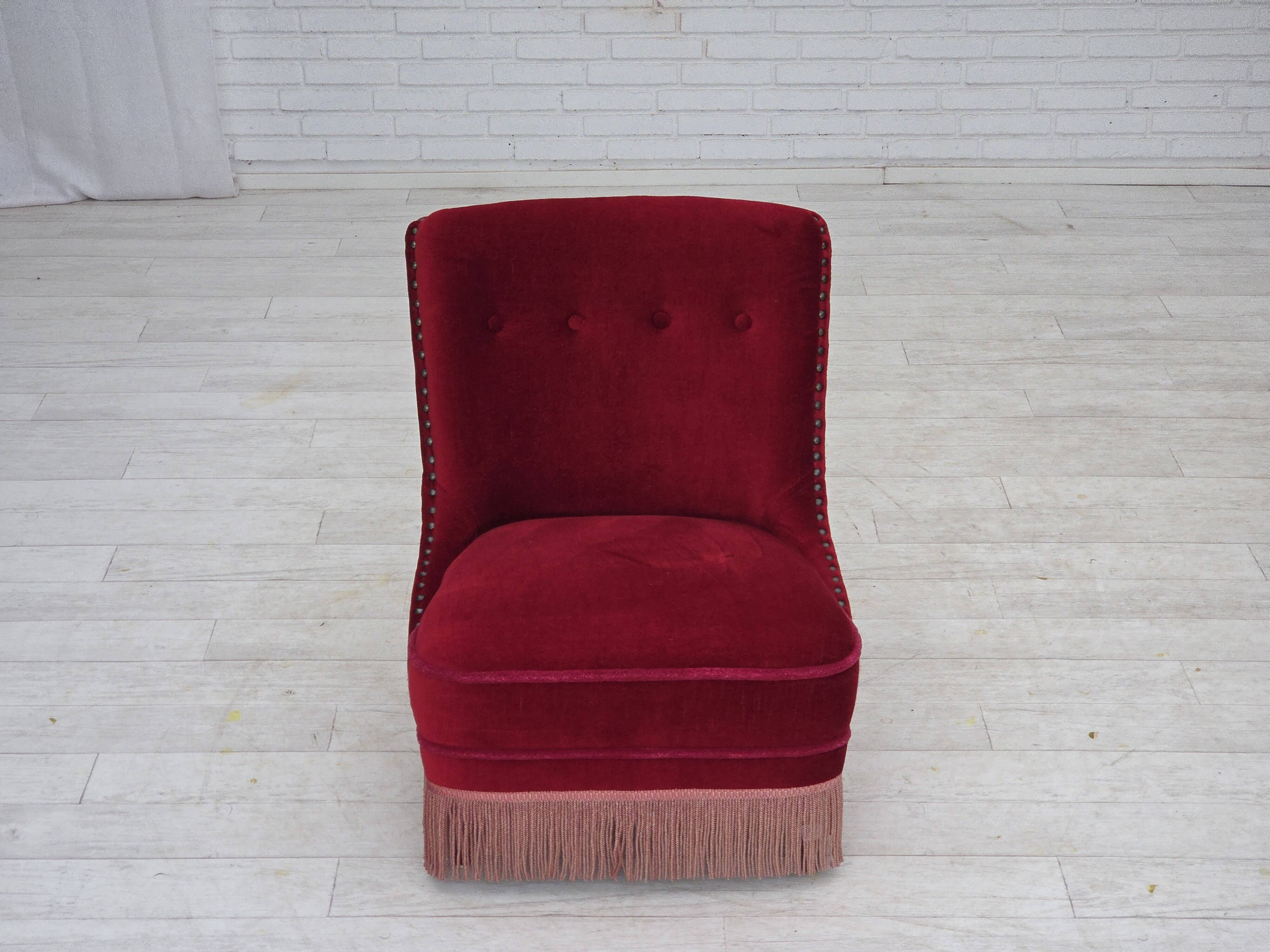 1960s, Danish armchair, original red furniture velour, beech wood legs.