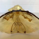 Old yellow glass vase triangular handles diamond base