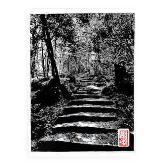 Linogravure japonaise fait main d'un chemin sinueux dans la forêt de Kurama en édition limitée